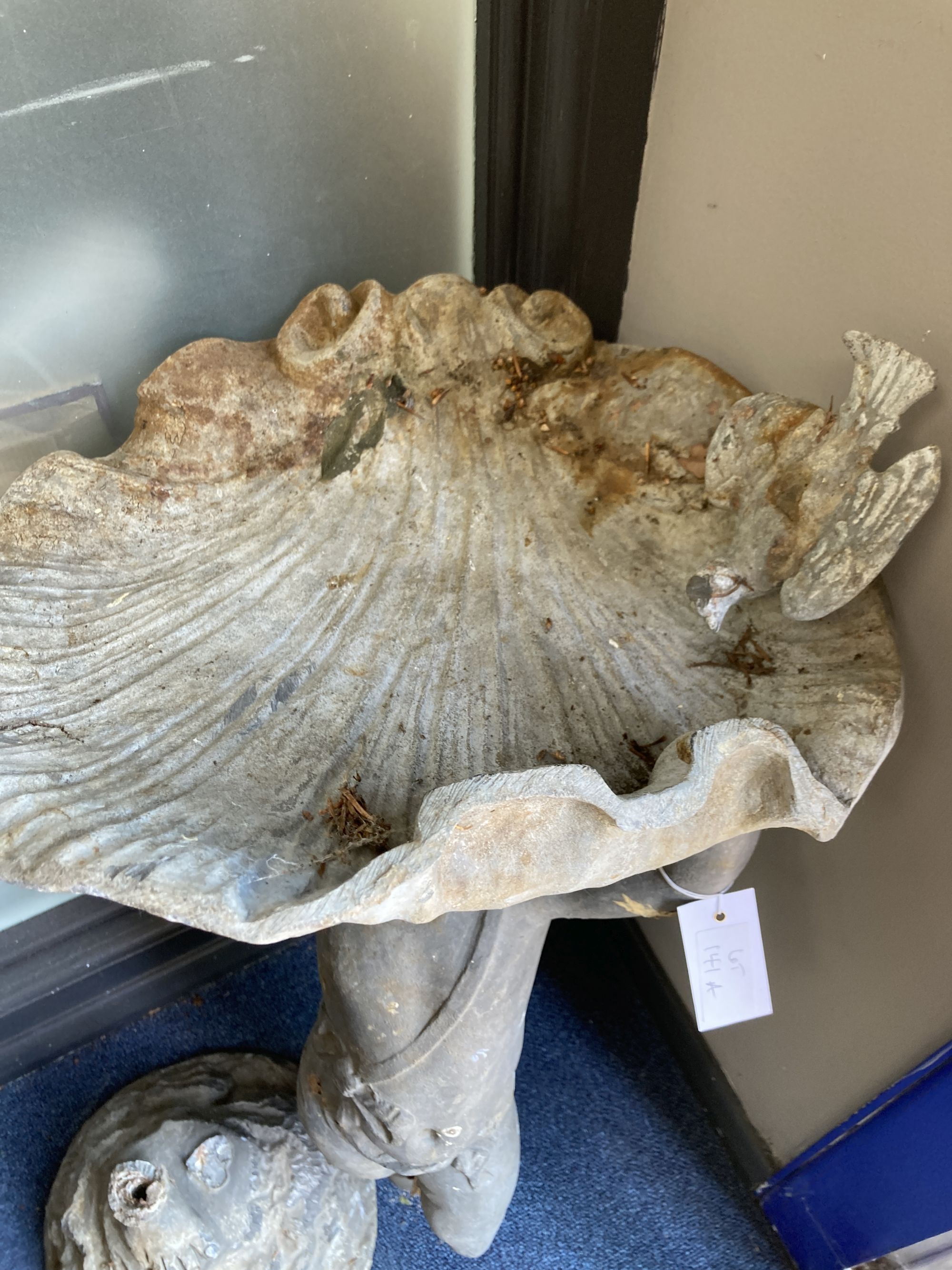 A Victorian lead figural and scallop shell bird bath a.f., height 80cm